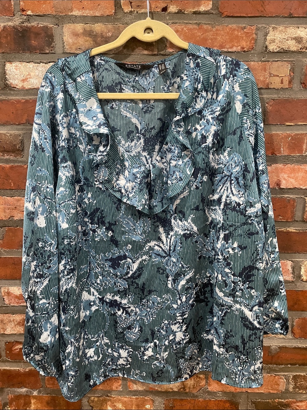 Estate Teal Floral Ruffle Neck Blouse